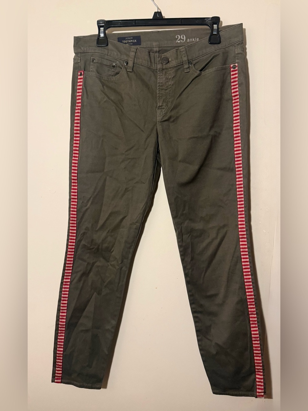 J. Crew Olive Toothpick Ankle Pants with Red Striped Side Tape